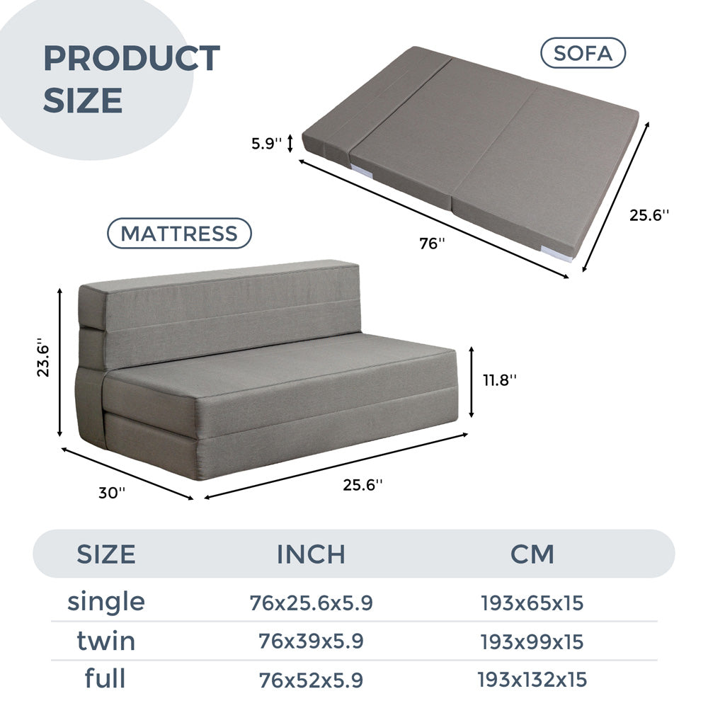 MAXYOYO 6" Floor Sofa Bed Couch Memory Foam Folding Mattress, Convertible Sleeping Mattress Guest Bed Lounger, Grey