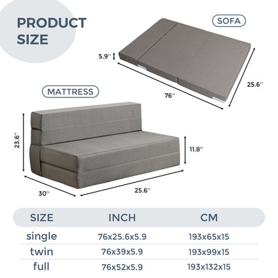 MAXYOYO 6" Floor Sofa Bed Couch Memory Foam Folding Mattress, Convertible Sleeping Mattress Guest Bed Lounger, Grey