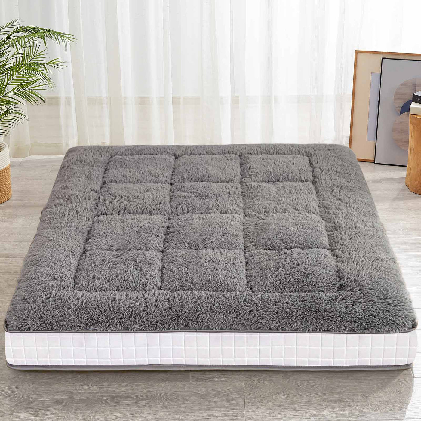 MAXYOYO 6" Extra Thick Fluffy Floor Futon Mattress, Long Plush Square Quilted Floor Mattress for Adults, Dark Grey