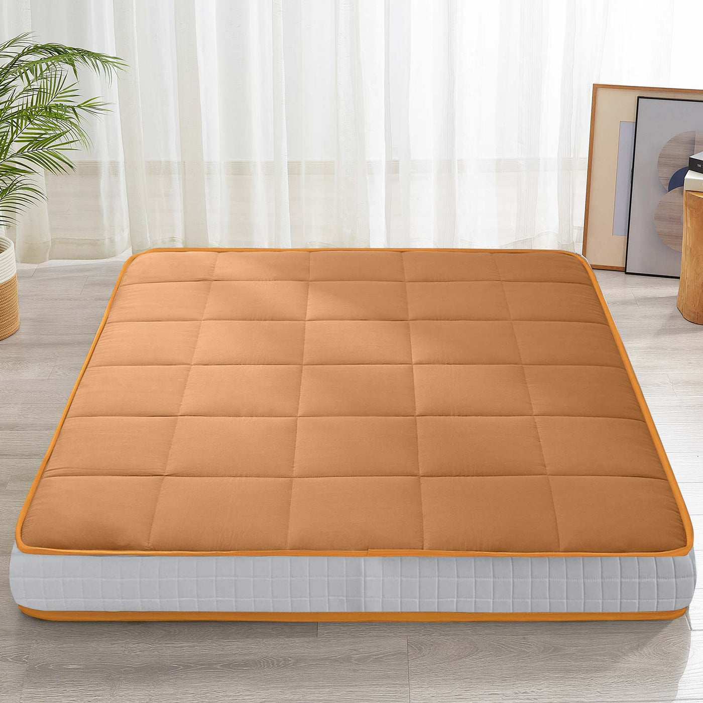 MAXYOYO 6" Extra Thick Square Floor Futon Mattress, Topper Mattress Pad, Light Brown