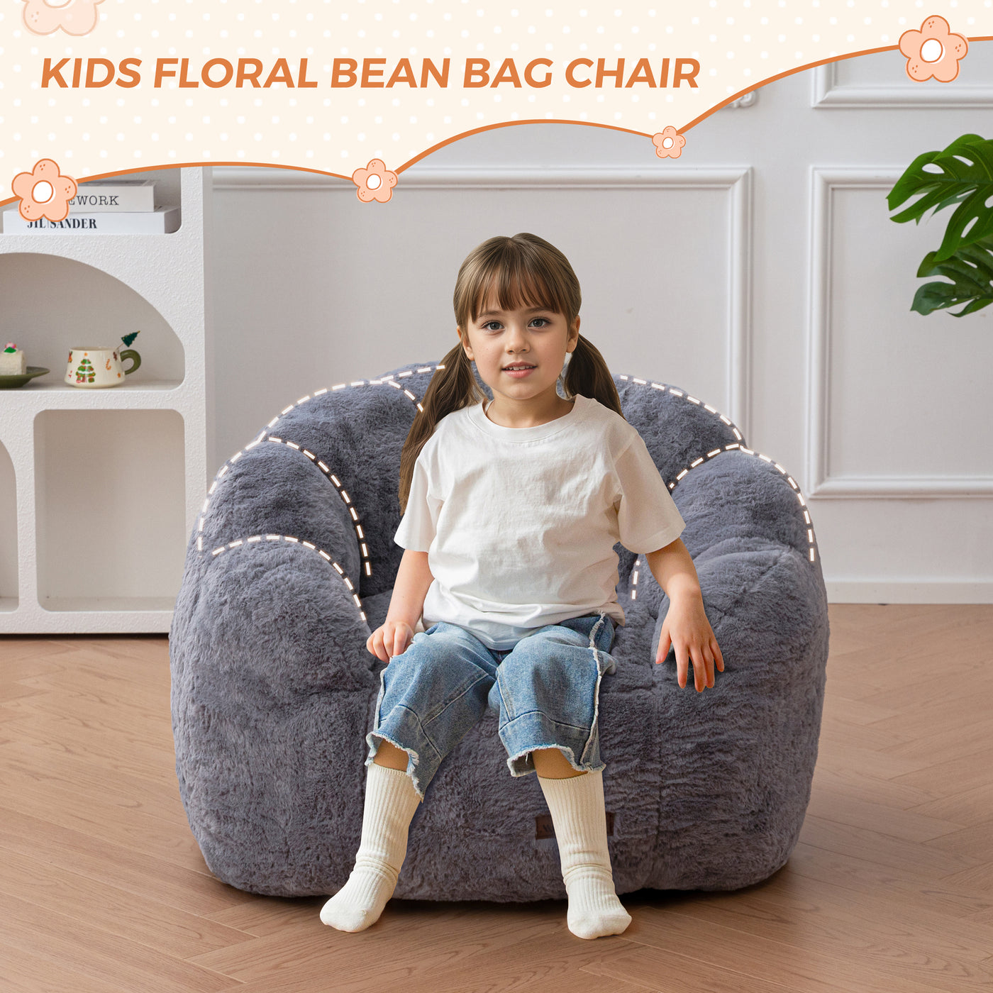 MAXYOYO Kids Bean Bag Chair, Floral Shaped Bean Bag Sofa, Plush Faux Fur Toddler Couch with Petal Backrest for Boys Girls, Stuffed Cozy Sofa for Nursery, Bedroom, Grey
