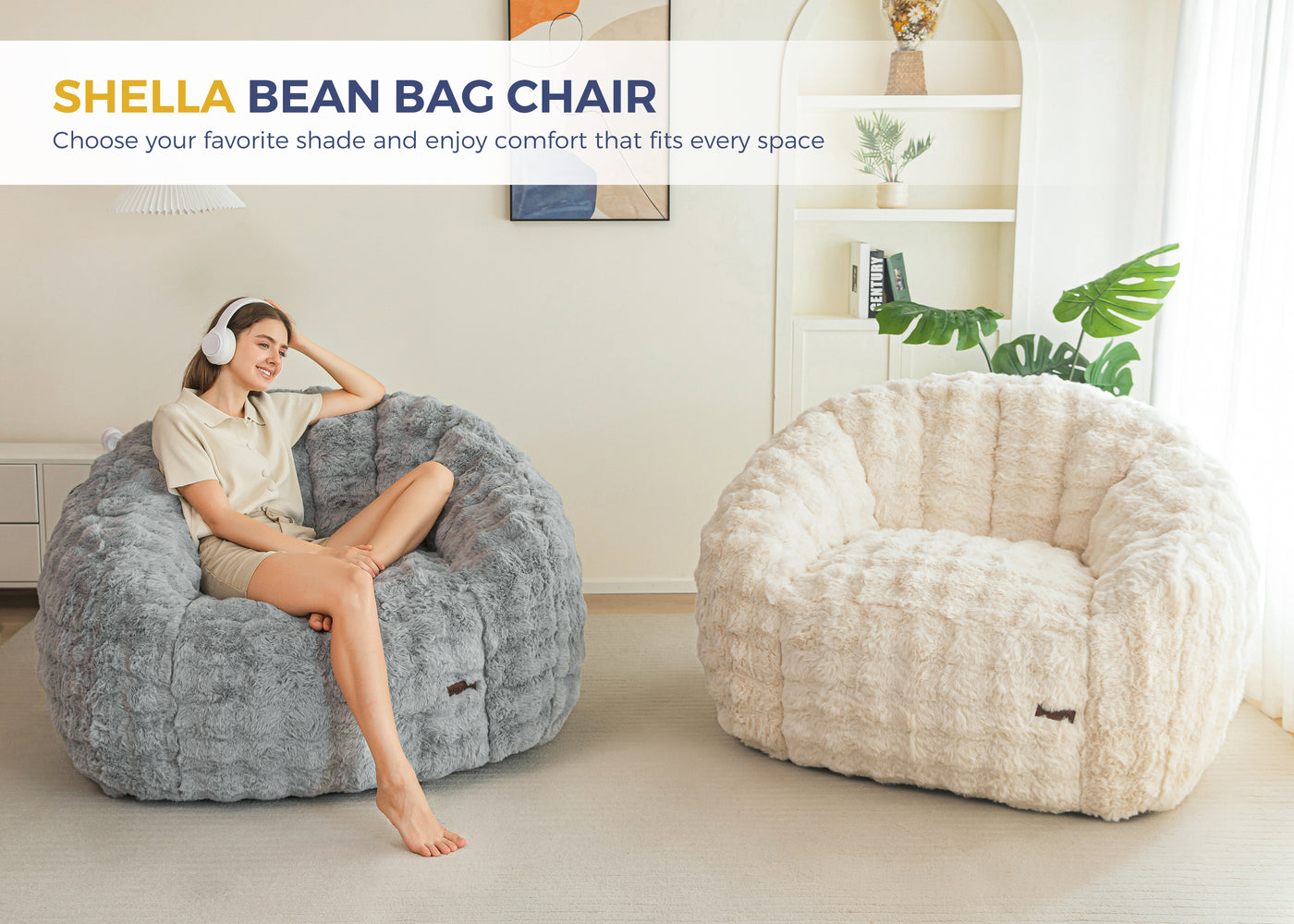 MAXYOYO Giant Bean Bag Chair for Adults, Stuffed Shell-Shaped Large Bean Bag Couch, Cozy Living Room Chair with Filler, Floor Sofa Lazy Sofa for Bedroom Living Room