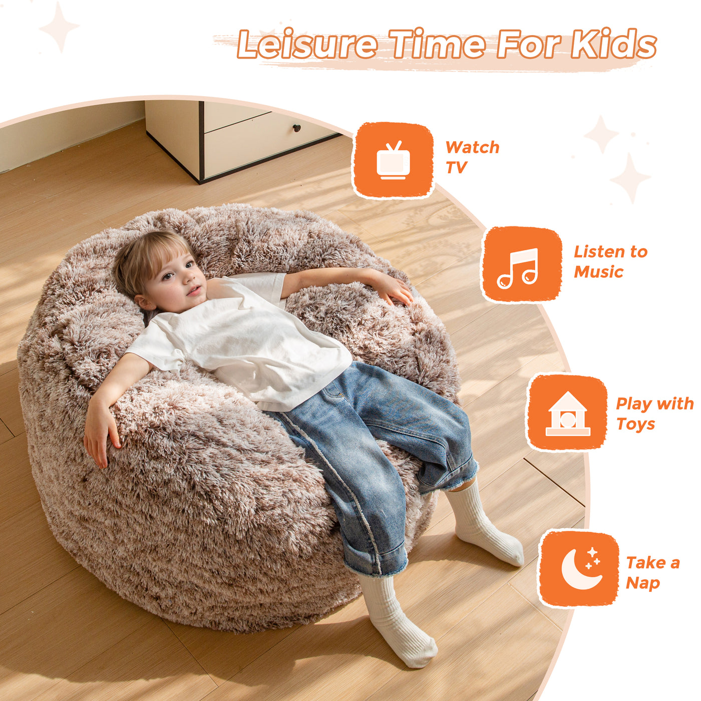 MAXYOYO Kids Bean Bag Chair, Stuffed Faux Fur Bean Bag for Toddler, Ultra Soft Floor Sofa with High-Density Foam Filling, Lazy Chair for Living Room, Playroom, Nursery Room,Coffee
