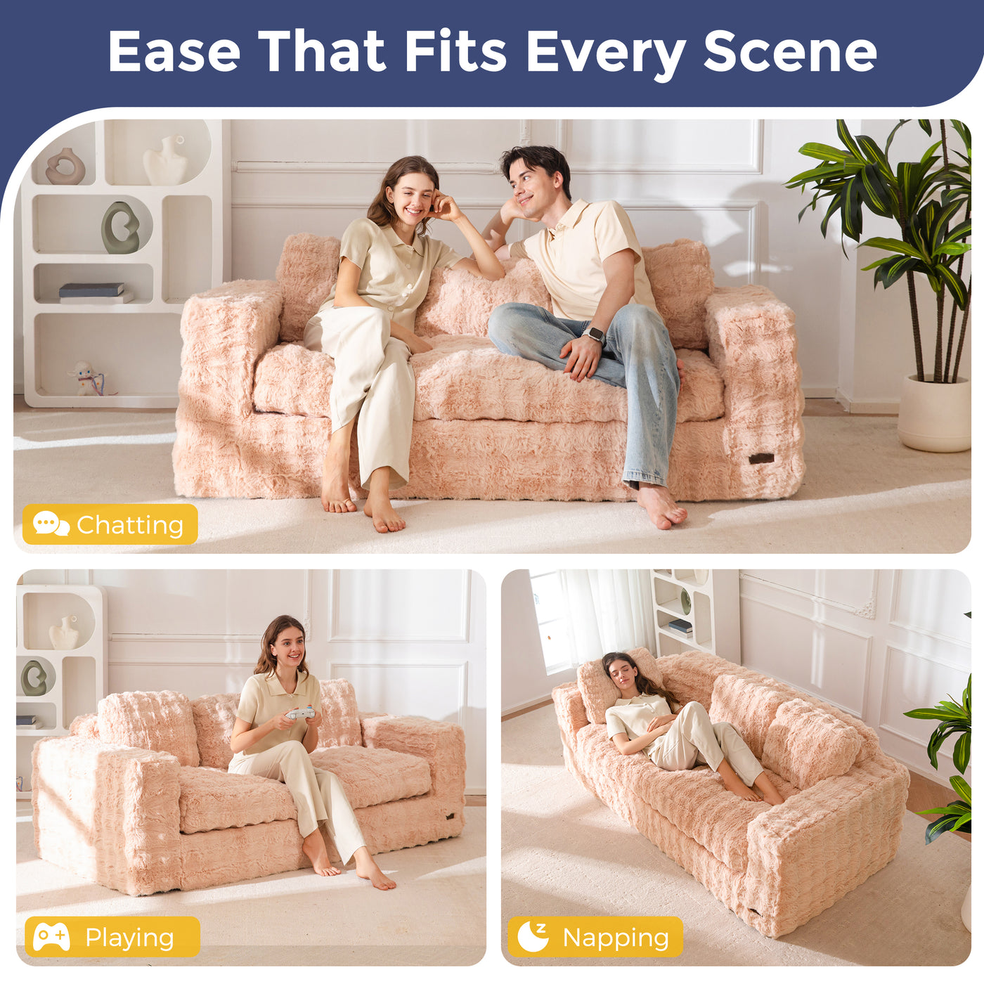 MAXYOYO 3 Seater Sofa for Living Room, Tufted Boneless Couch Bubbled Sofa Couch, Comfy Bean Bag Chair for Bedroom Apartment, No Assembly Needed