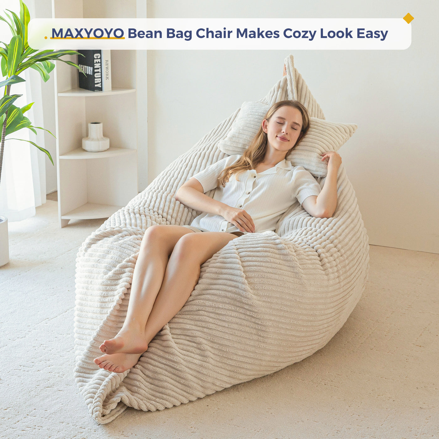 MAXYOYO Giant Bean Bag Chair with Pillow, 3 in 1 Convertible Bean Bag Bed for Adults with Washable Cover, Removable Floor Cushion Stuffed Floor Lounger for Living Room Bedroom, White
