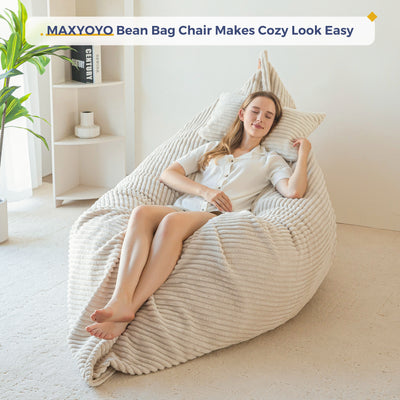 MAXYOYO Giant Bean Bag Chair with Pillow, 3 in 1 Convertible Bean Bag Bed for Adults with Washable Cover, Removable Floor Cushion Stuffed Floor Lounger for Living Room Bedroom, White