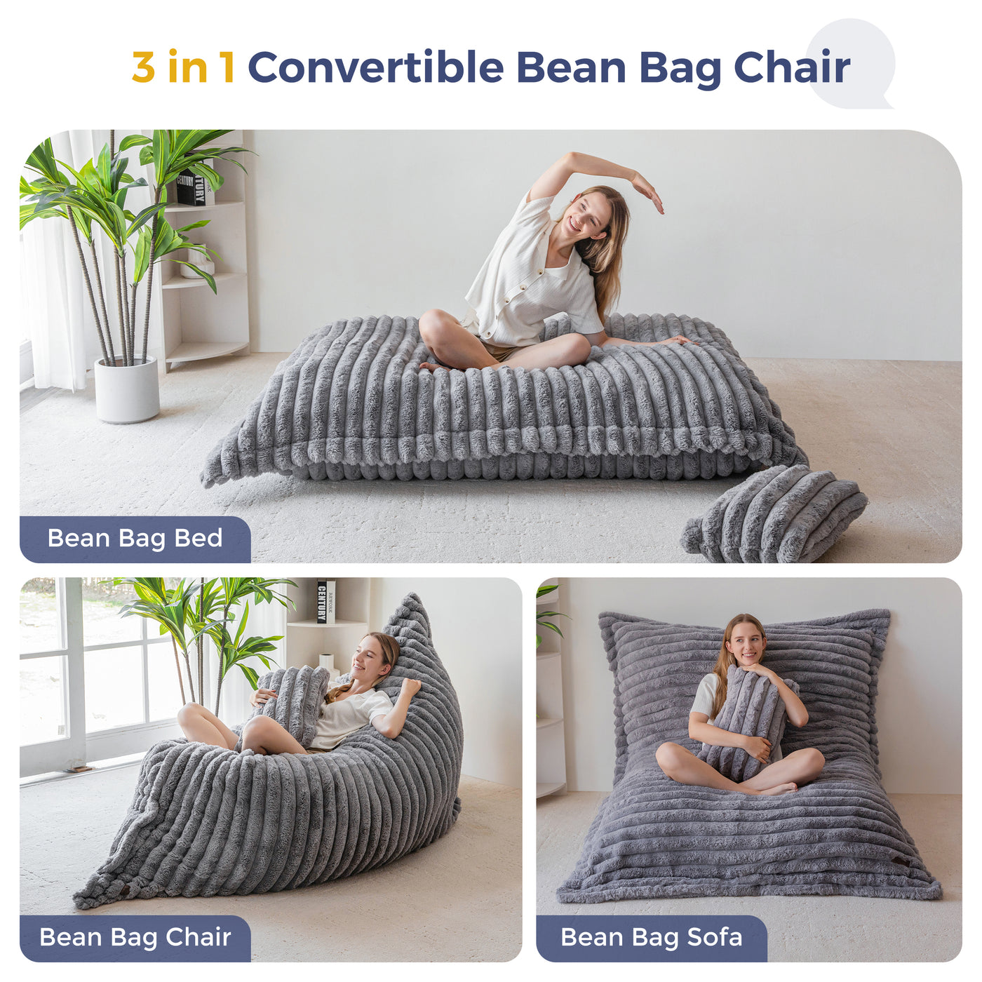 MAXYOYO Giant Bean Bag Chair with Pillow, 3 in 1 Convertible Bean Bag Bed for Adults with Washable Cover, Removable Floor Cushion Stuffed Floor Lounger for Living Room Bedroom