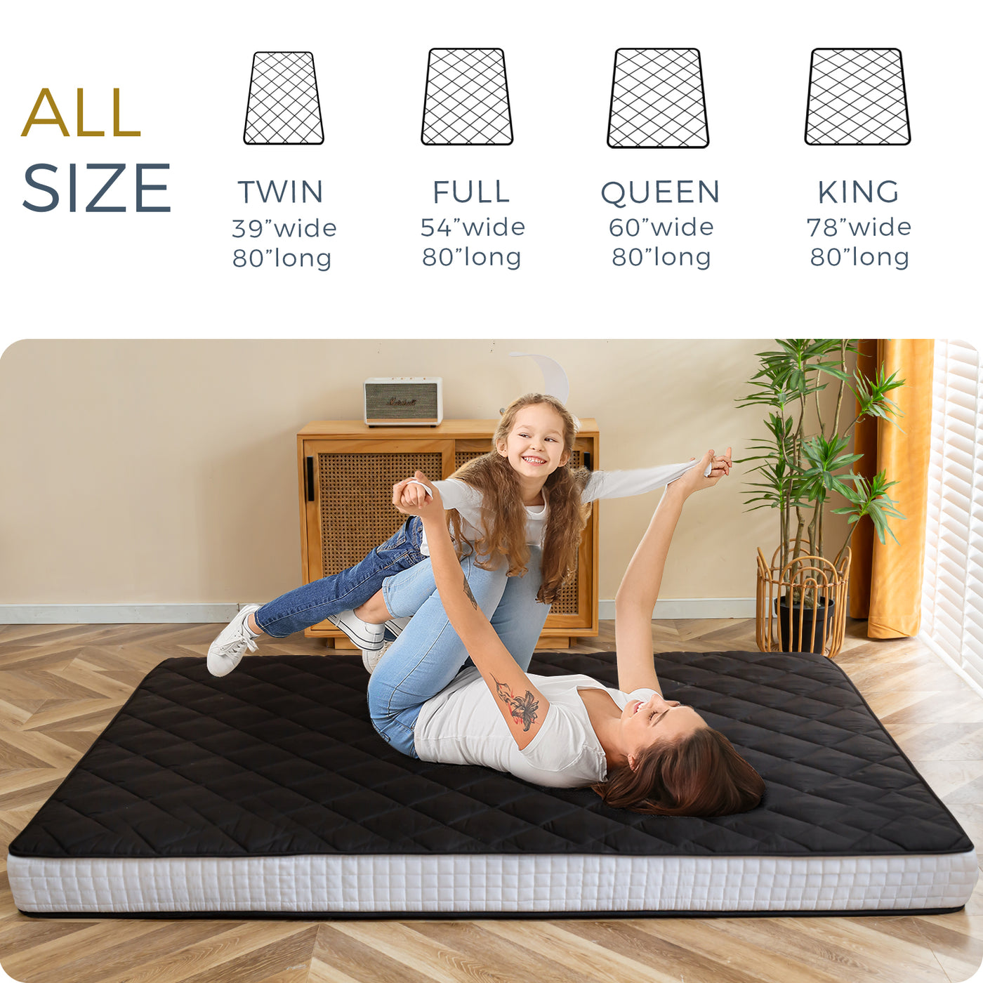 MAXYOYO 6" Extra Thick Floor Futon Mattress, Diamond Quilting, Black