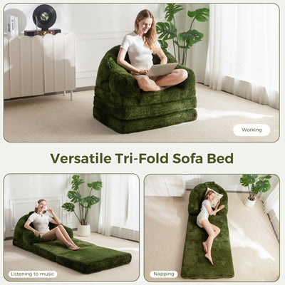 MAXYOYO Folding Sofa Bed, 2 in 1 Convertible Sofa to Lounger Comfy Single Bean Bag Chair for Adults, Floor Sleeper Couch with Handle, Faux Fur Couch Bed for Living Room Bedroom, Green