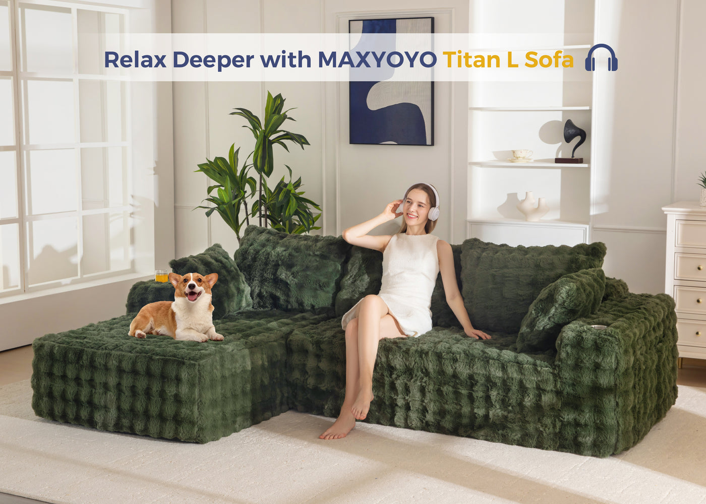 MAXYOYO 104" Modular Sectional Couch with L-Shape Chaise, Modern Boneless Couch for Living Room, Sofa in A Box, Oversized Sofa Sleeper with Deep Seat, No Assembly Required, Green