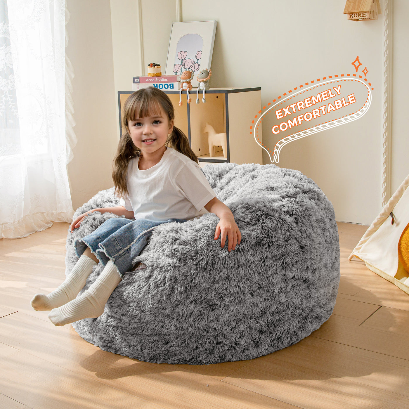 MAXYOYO Kids Bean Bag Chair, Stuffed Faux Fur Bean Bag for Toddler, Ultra Soft Floor Sofa with High-Density Foam Filling, Lazy Chair for Living Room, Playroom, Nursery Room,Black