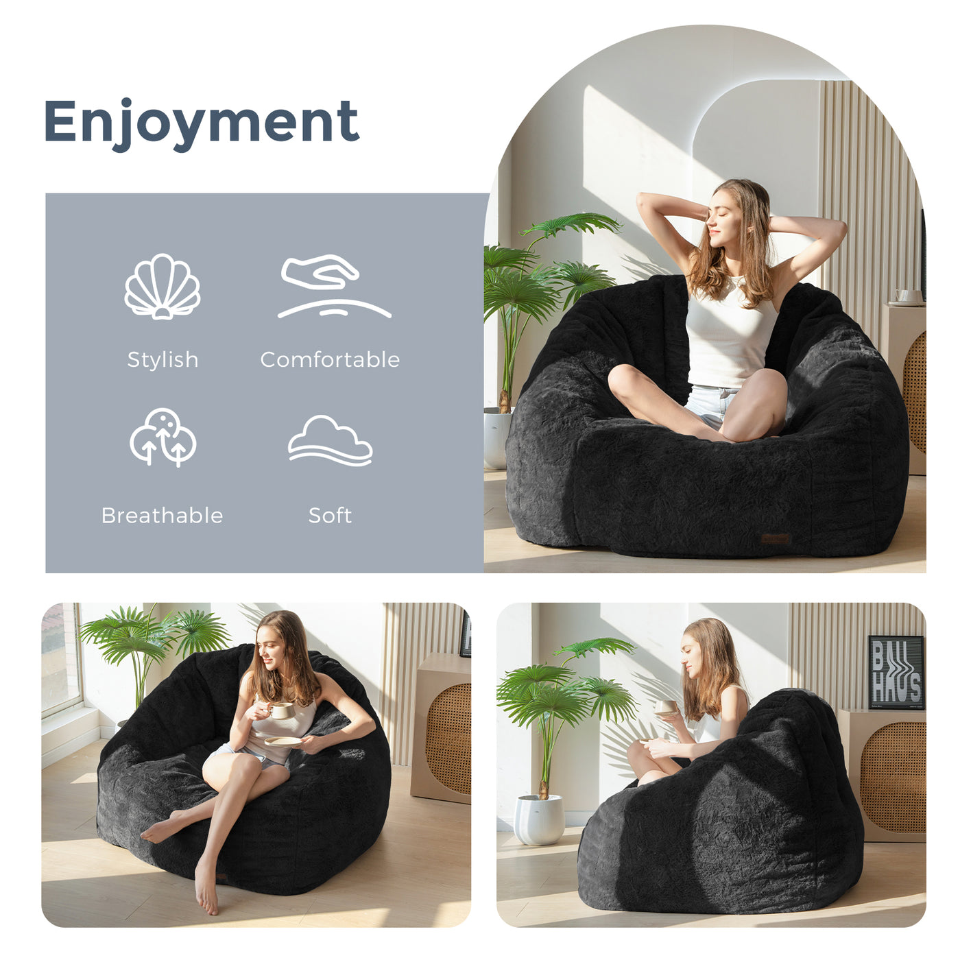 MAXYOYO Giant Bean Bag Chair, Oversized Bean Bag Couch for Adults and Kids, Faux Fur Shell-Shaped Large Chair with Filler, Stuffed Big Accent Sofa Lounge Floor Sofa for Gaming, Reading, Black