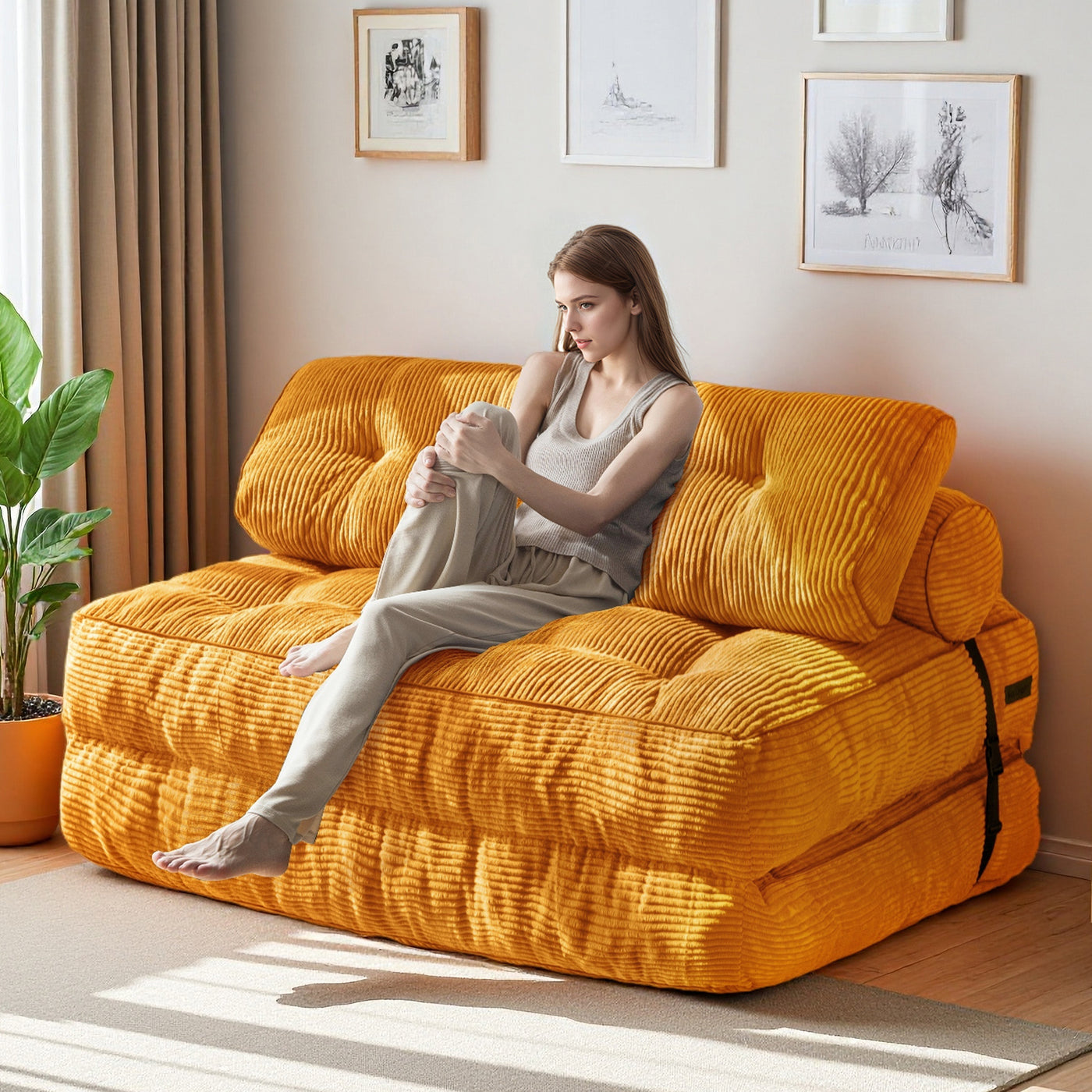 MAXYOYO Corduroy Folding Sofa Bed, Convertible Sleeper Chair with Pillow Foldable Mattress with Back Support(Double), Orange