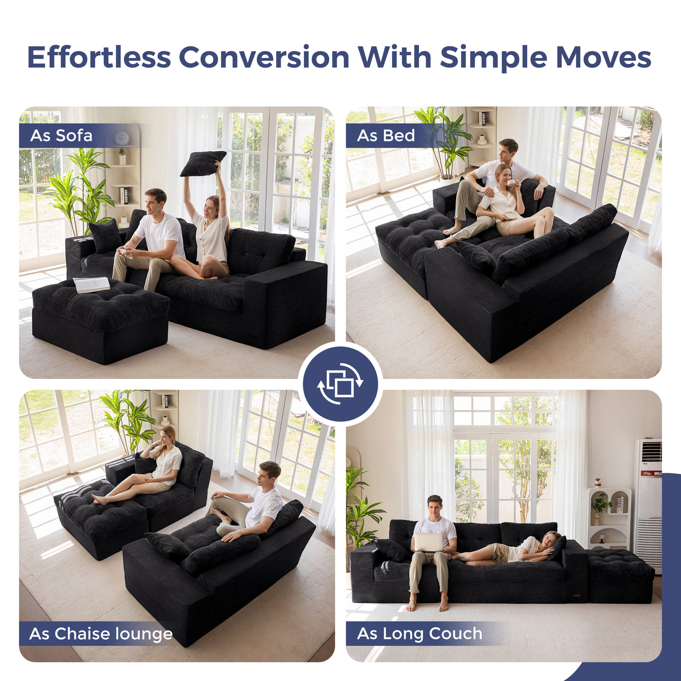 MAXYOYO L Shaped Sectional Sofa with Ottoman, Cloud Boneless Couch with Layered Cushion, Upholstered Modular Sofa with Tufting, Flexible Module Combination for Living Room, No Assembly Required, Black