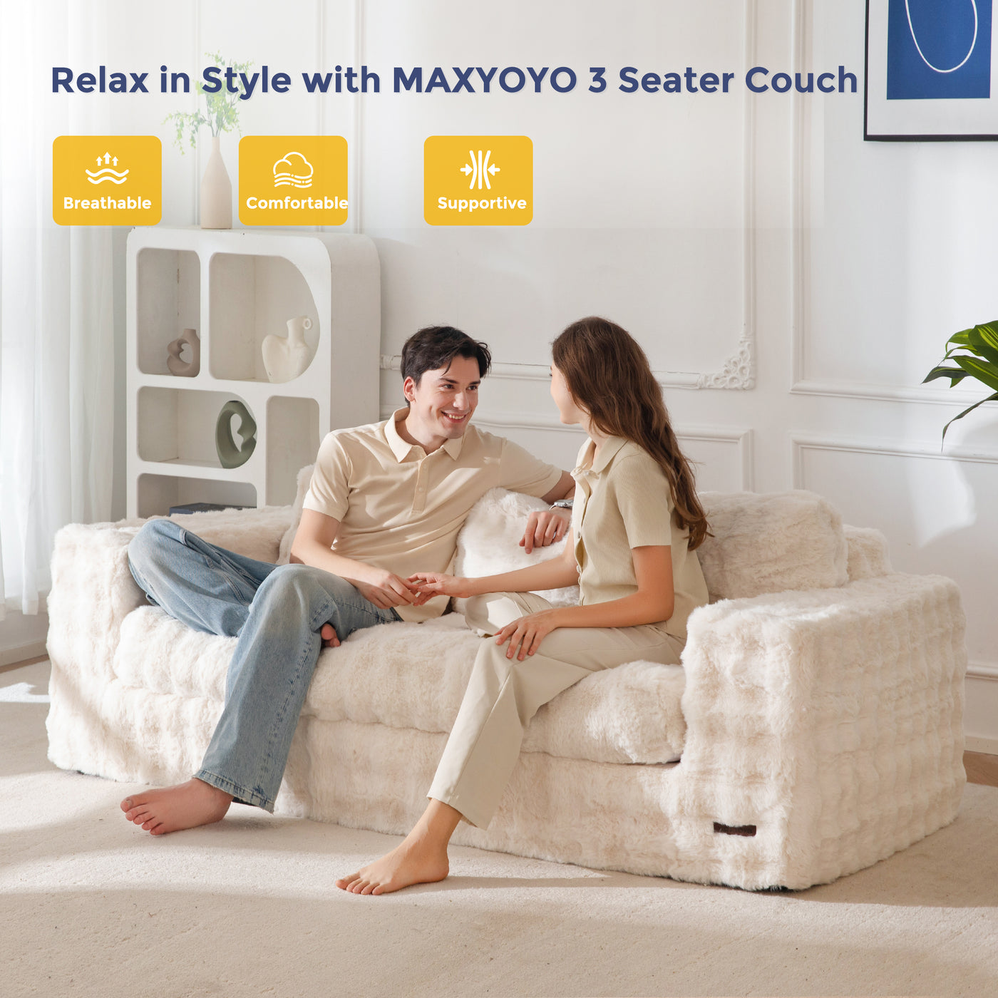 MAXYOYO 3 Seater Sofa for Living Room, Tufted Boneless Couch Bubbled Sofa Couch, Comfy Bean Bag Chair for Bedroom Apartment, No Assembly Needed
