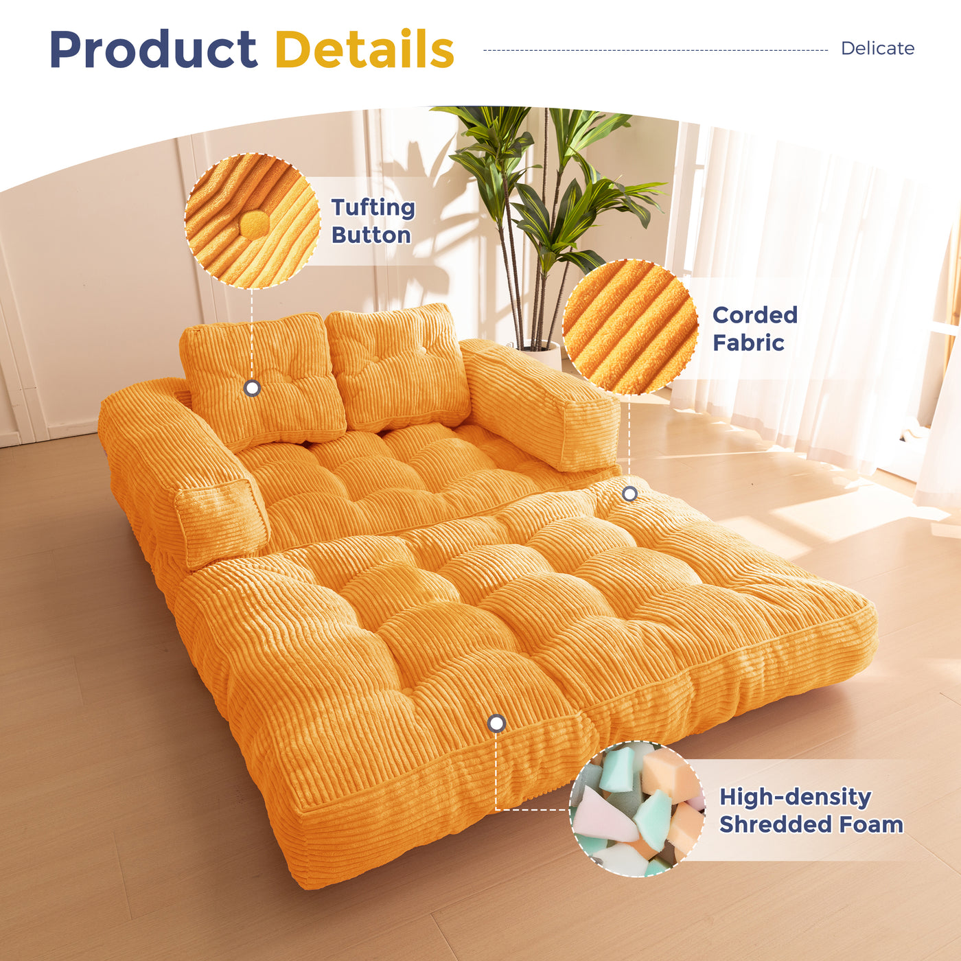 MAXYOYO Folding Sofa Bed, L-Shaped Convertible Sofa Bed with Armrest Foldable Sleeper Couch with Pillow, Portable Fold Out Chair Comfy Floor Couch Lounge for Living Room Bedroom, Double, Orange