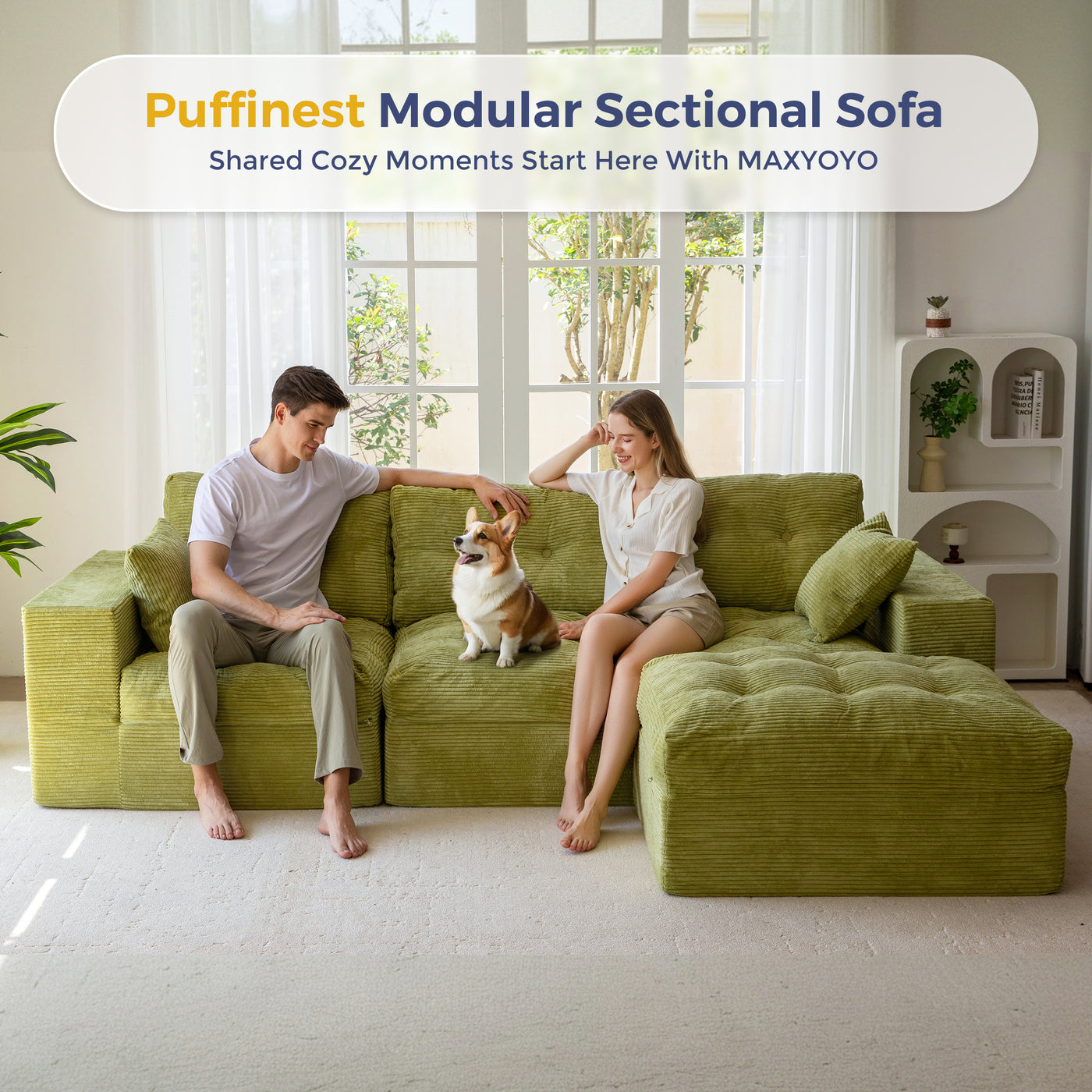 Green modular sectional sofa with a couple and a dog in a bright living room.