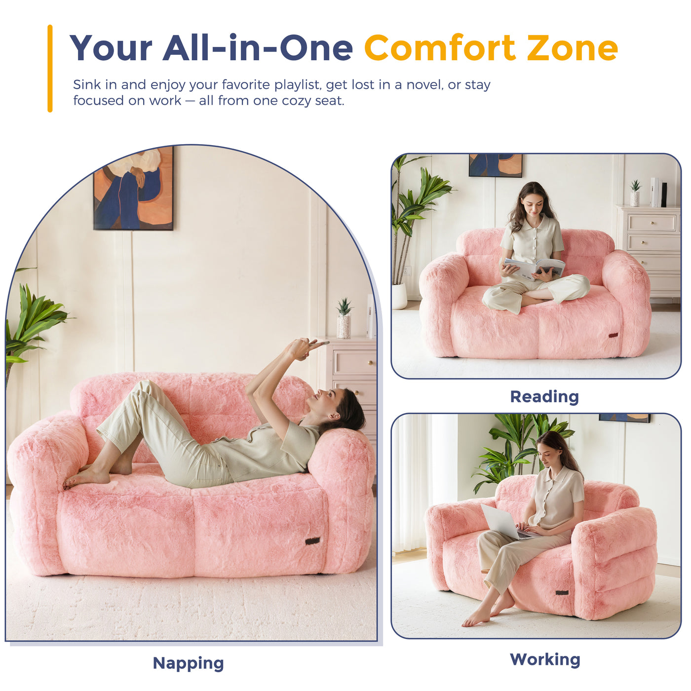 MAXYOYO Giant Bean Bag Chair for Adults, Ultra Soft Fluffy Loveseat Bean Bag Sofa, Oversized Floor Sofa for Living Room Bedroom, Cozy Reading Chair with Filler, Pink