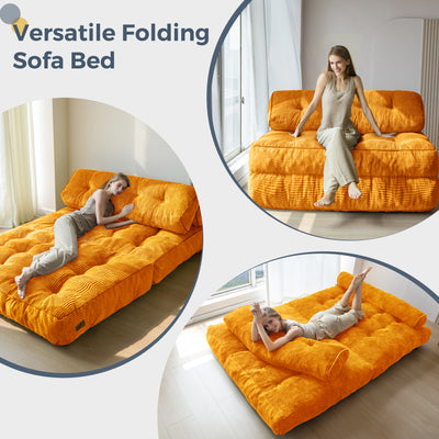 MAXYOYO Folding Sofa Bed, Convertible Sleeper Chair with Pillow Foldable Matress with Back Support, Portable Fold Out Chair Bed Comfy Floor Sofa Lounge for Living Room Bedroom, Orange Double