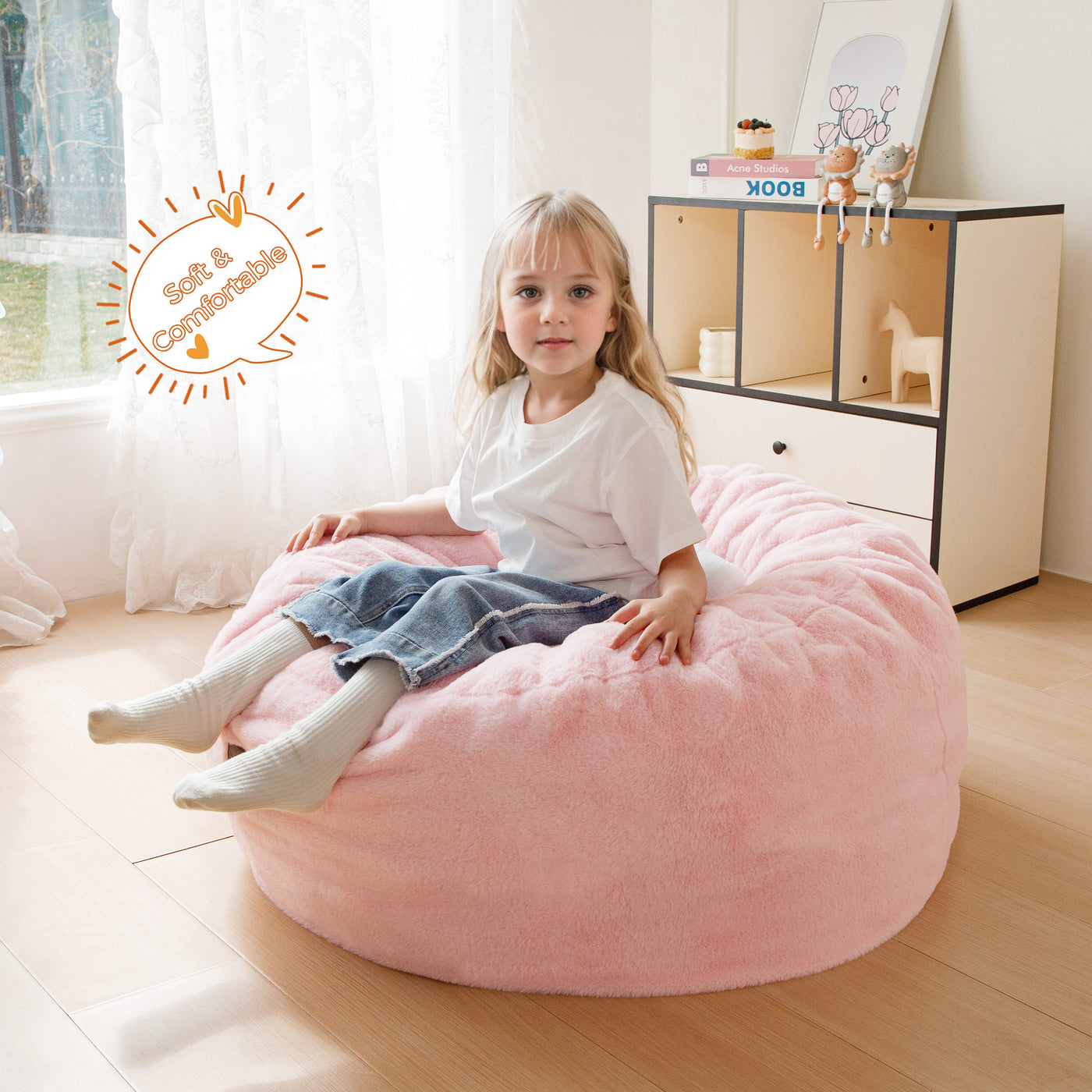 MAXYOYO Kids Bean Bag Chair, Stuffed Faux Fur Bean Bag for Toddler, Ultra Soft Floor Sofa with High-Density Foam Filling, Lazy Chair for Living Room, Playroom, Nursery Room,Pink