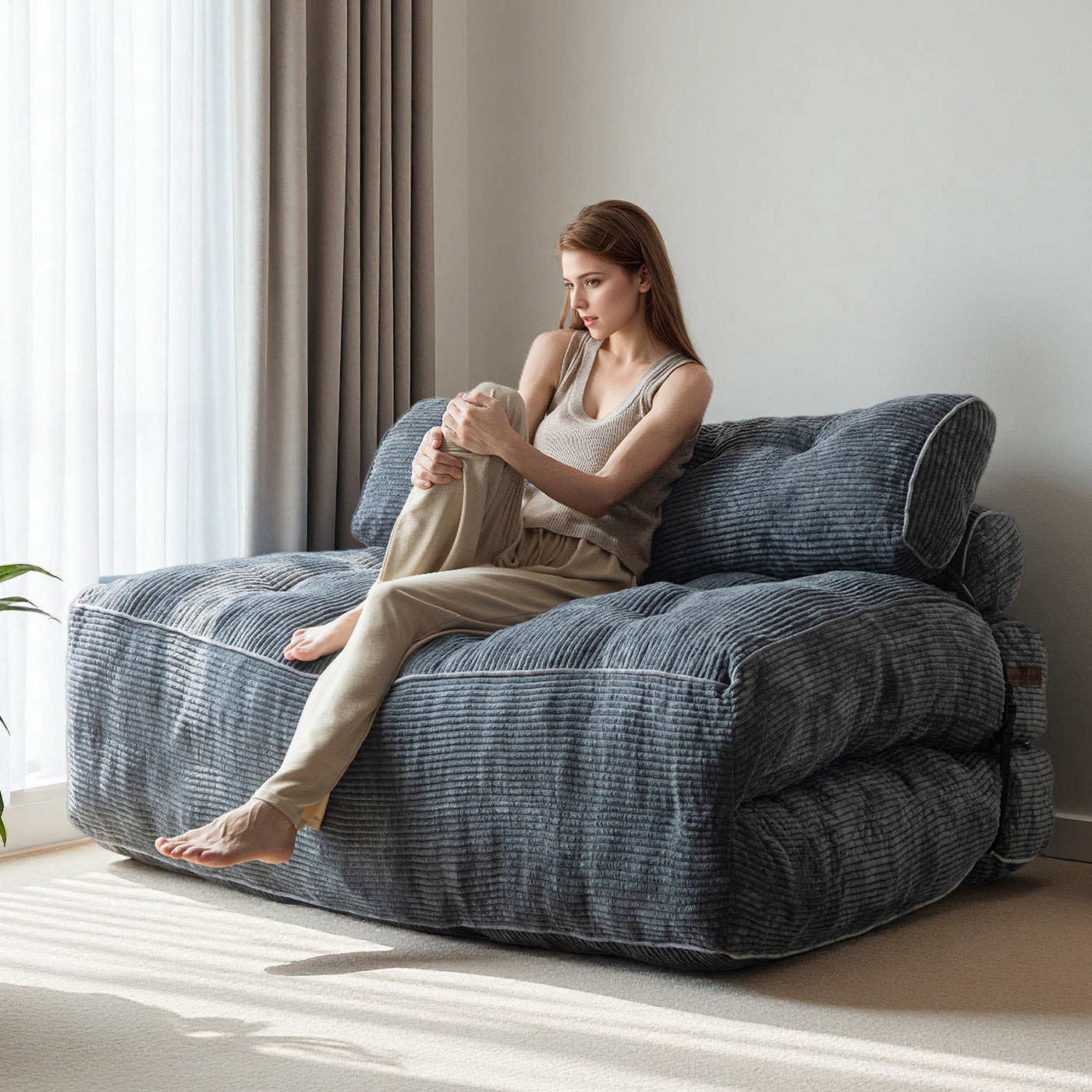 MAXYOYO Corduroy Folding Sofa Bed, Convertible Sleeper Chair with Pillow Foldable Mattress with Back Support(Double), Dark Grey