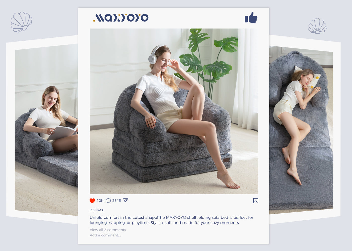 MAXYOYO Folding Sofa Bed, 2 in 1 Convertible Sofa to Lounger Comfy Single Bean Bag Chair for Adults, Floor Sleeper Couch with Handle, Faux Fur Couch Bed for Living Room Bedroom, Grey
