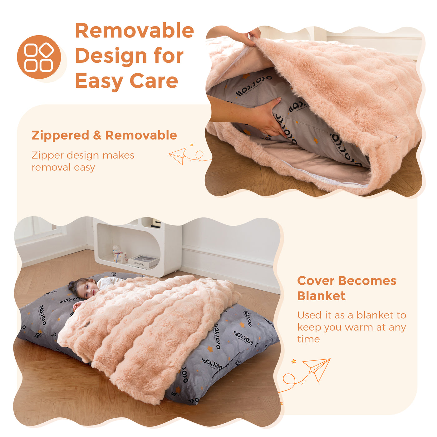 MAXYOYO 3 in 1 Kids Bean Bag Chair Bed, Child Floor Sofa for Gaming, Reading, Faux Fur Floor Mattress with High-Density Foam Filling for Living Room Bedroom