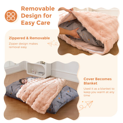 MAXYOYO 3 in 1 Kids Bean Bag Chair Bed, Child Floor Sofa for Gaming, Reading, Faux Fur Floor Mattress with High-Density Foam Filling for Living Room Bedroom