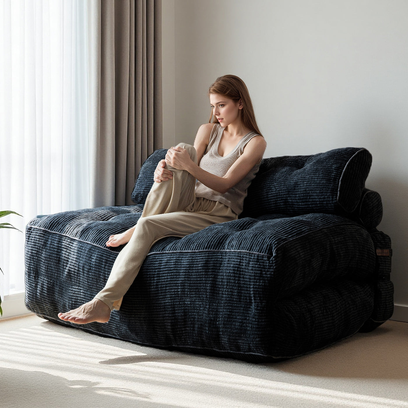 MAXYOYO Corduroy Folding Sofa Bed, Convertible Sleeper Chair with Pillow Foldable Mattress with Back Support(Double), Black