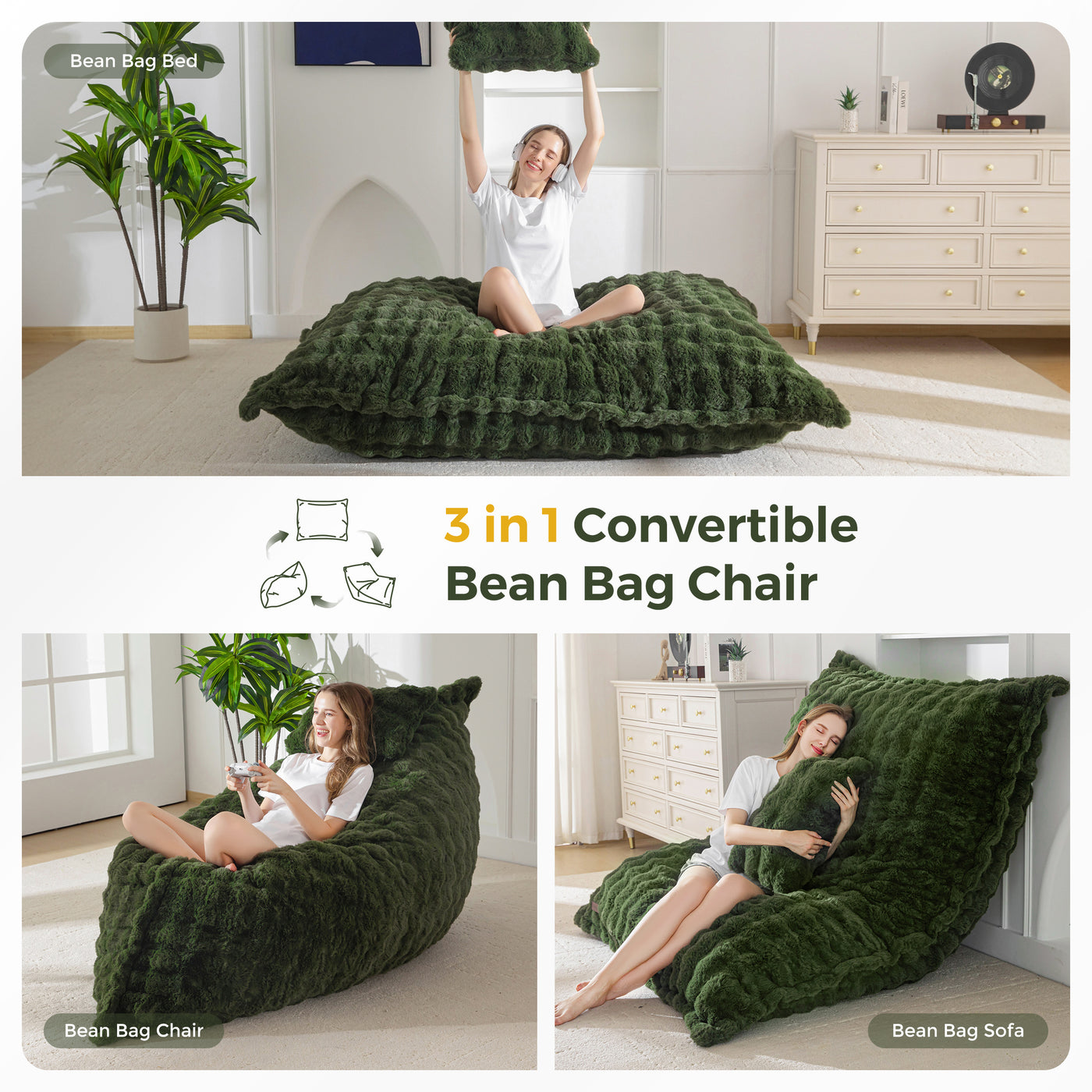 MAXYOYO Giant Bean Bag Chair with Pillow, 3 in 1 Convertible Bean Bag Chair for Adults with Removable Cover, Floor Cushion Stuffed Floor Lounger for Living Room Bedroom, Bubble