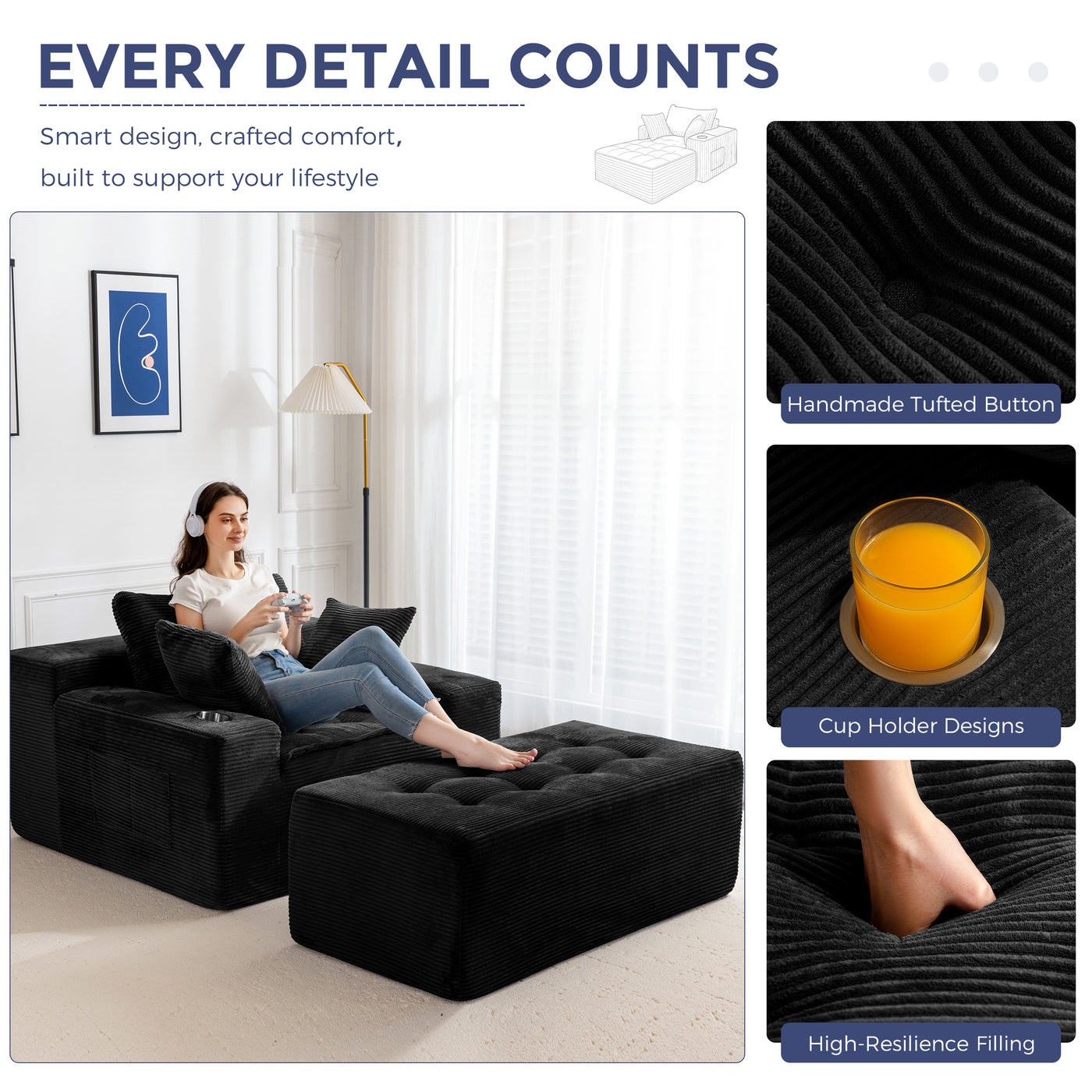 MAXYOYO Modular Sectional Chaise Lounge Sofa, Upholstered Lounge Chair with Pillows Indoor, Tufted Boneless Sofa Couch with Ottoman, Deep Seat Sleeper Chair for Living Room, No Assembly