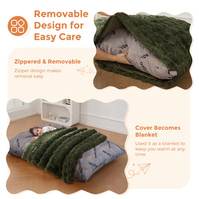 MAXYOYO 3 in 1 Kids Bean Bag Chair Bed, Child Floor Sofa for Gaming, Reading, Faux Fur Floor Mattress with High-Density Foam Filling for Living Room Bedroom