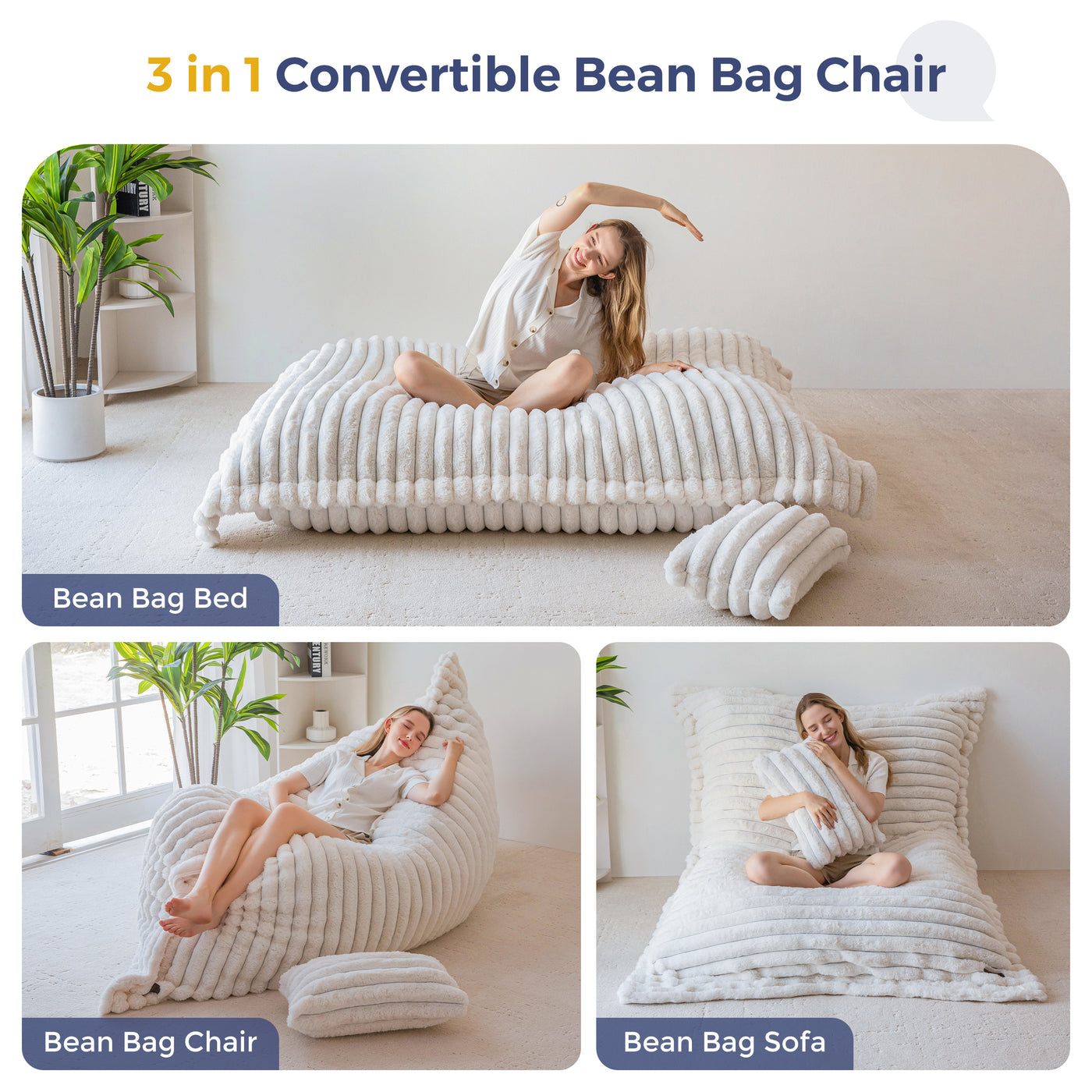 MAXYOYO Giant Bean Bag Chair with Pillow, 3 in 1 Convertible Bean Bag Bed for Adults with Washable Cover, Removable Floor Cushion Stuffed Floor Lounger for Living Room Bedroom