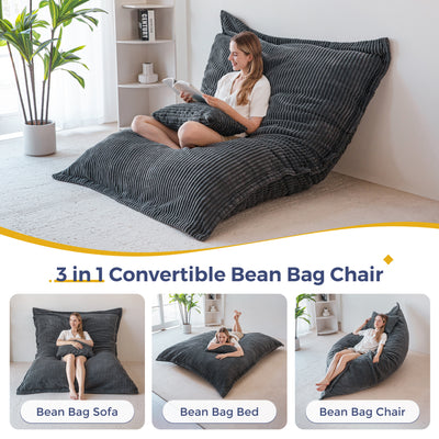 MAXYOYO Giant Bean Bag Chair with Pillow, 3 in 1 Convertible Bean Bag Bed for Adults with Washable Cover, Removable Floor Cushion Stuffed Floor Lounger for Living Room Bedroom, Dark Grey