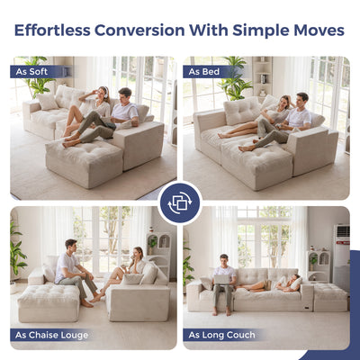 Multifunctional sofa transforming into different seating arrangements in a living room.