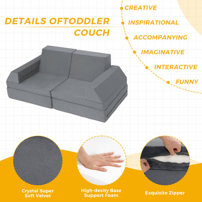 MAXYOYO 10-Piece Modular Convertible Kids Play Couch Sofa Set with Removable Velvet Covers (Grey)