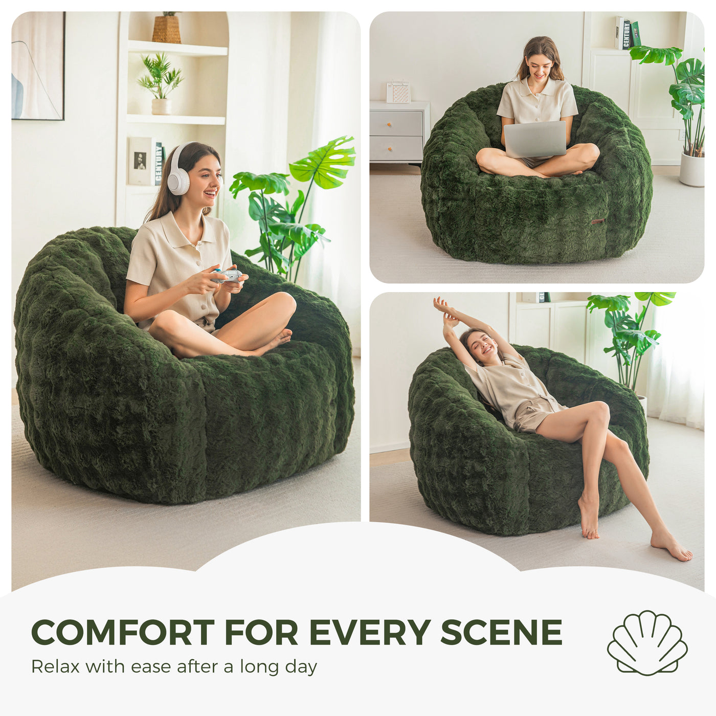 MAXYOYO Giant Bean Bag Chair for Adults, Stuffed Shell-Shaped Large Bean Bag Couch, Cozy Living Room Chair with Filler, Floor Sofa Lazy Sofa for Bedroom Living Room