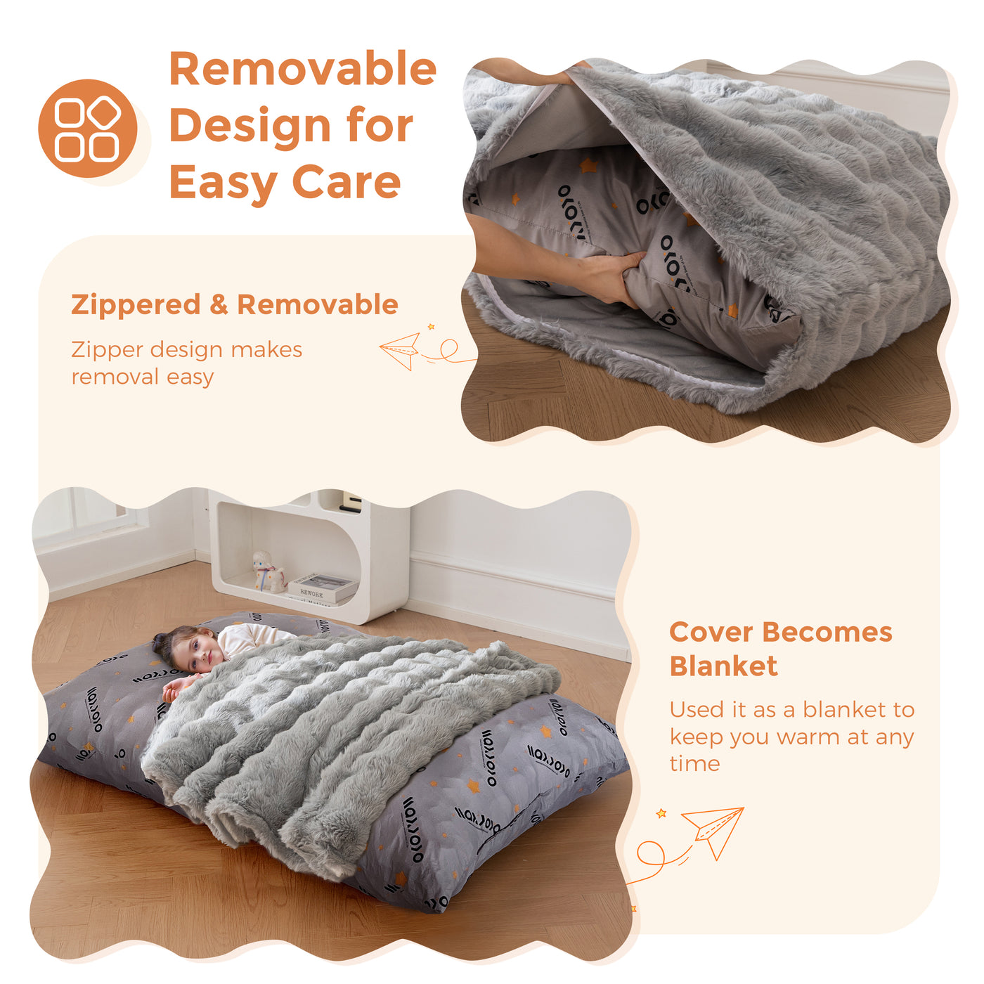 MAXYOYO 3 in 1 Kids Bean Bag Chair Bed, Child Floor Sofa for Gaming, Reading, Faux Fur Floor Mattress with High-Density Foam Filling for Living Room Bedroom