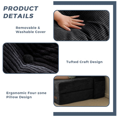MAXYOYO 4-in-1 Convertible Sofa Bed Chair – Tufted Folding Floor Couch with Pillow, Black