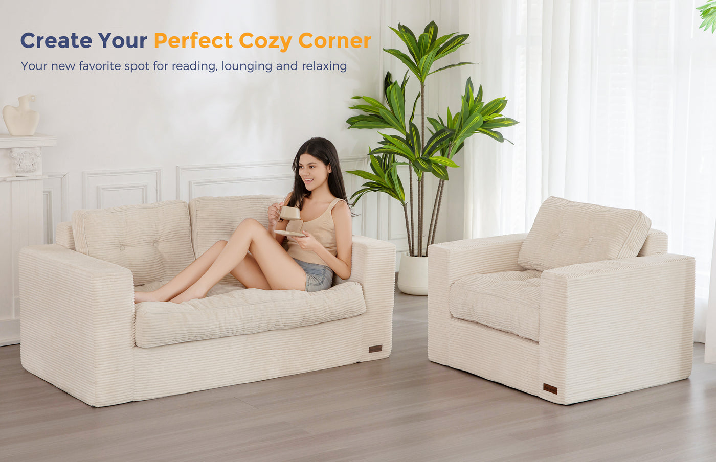 MAXYOYO Bean Bag Chair for Adults, Upholstered Floor Sofa with Armrests, Boneless Couch with Tufted Cushion & Backrest, Sofa in A Box, Large Bean Bag Couch for Bedroom Living Room, Dorm, Beige