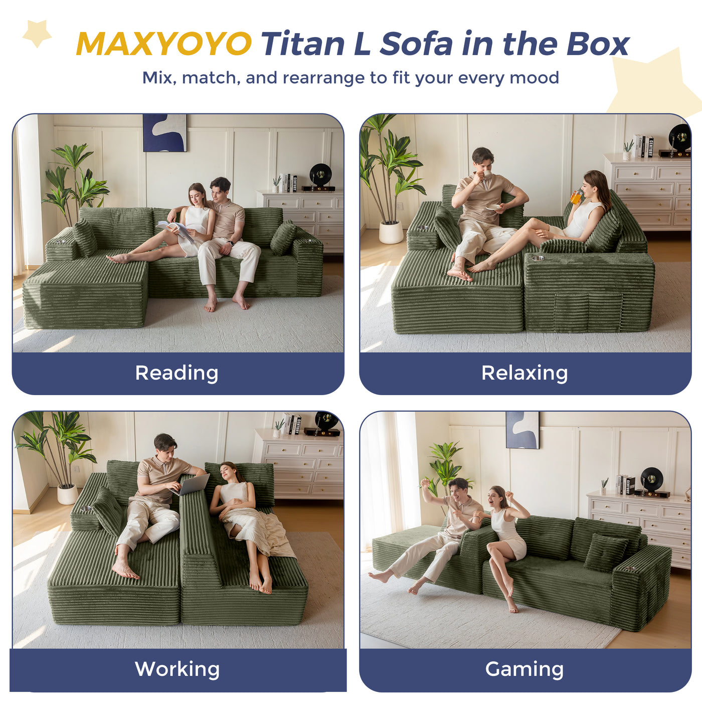 MAXYOYO 104" Modular Sectional Couch with L-Shape Chaise, Modern Boneless Couch for Living Room, Sofa in A Box, Oversized Sofa Sleeper with Deep Seat, No Assembly Required, Green