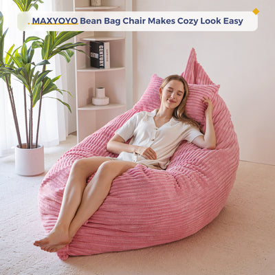 MAXYOYO Giant Bean Bag Chair with Pillow, 3 in 1 Convertible Bean Bag Bed for Adults with Washable Cover, Removable Floor Cushion Stuffed Floor Lounger for Living Room Bedroom, Pink