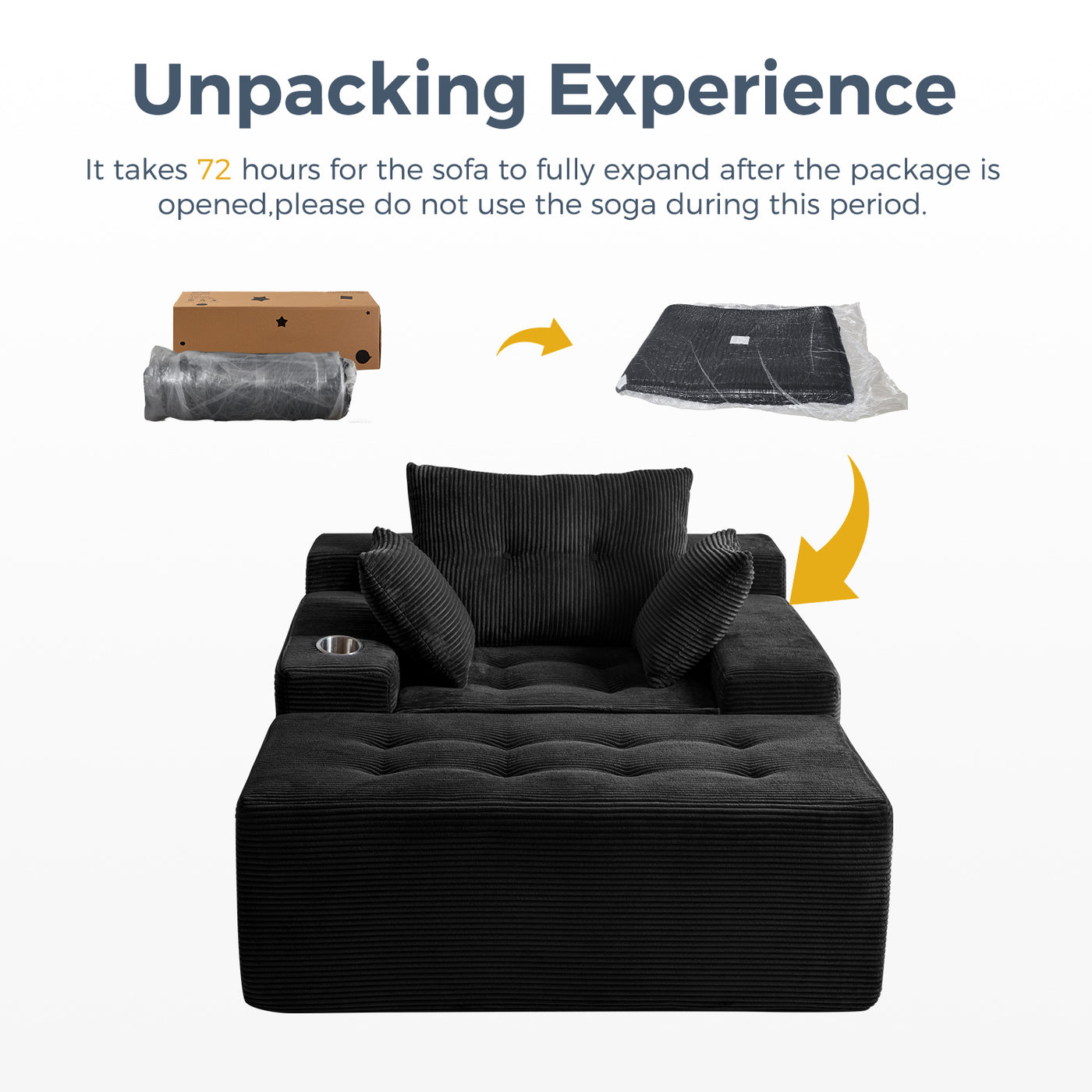 MAXYOYO Oversized Chaise Lounge Sofa with Ottoman – Deep Seat Tufted Floor Couch with 3 Pillows, Black