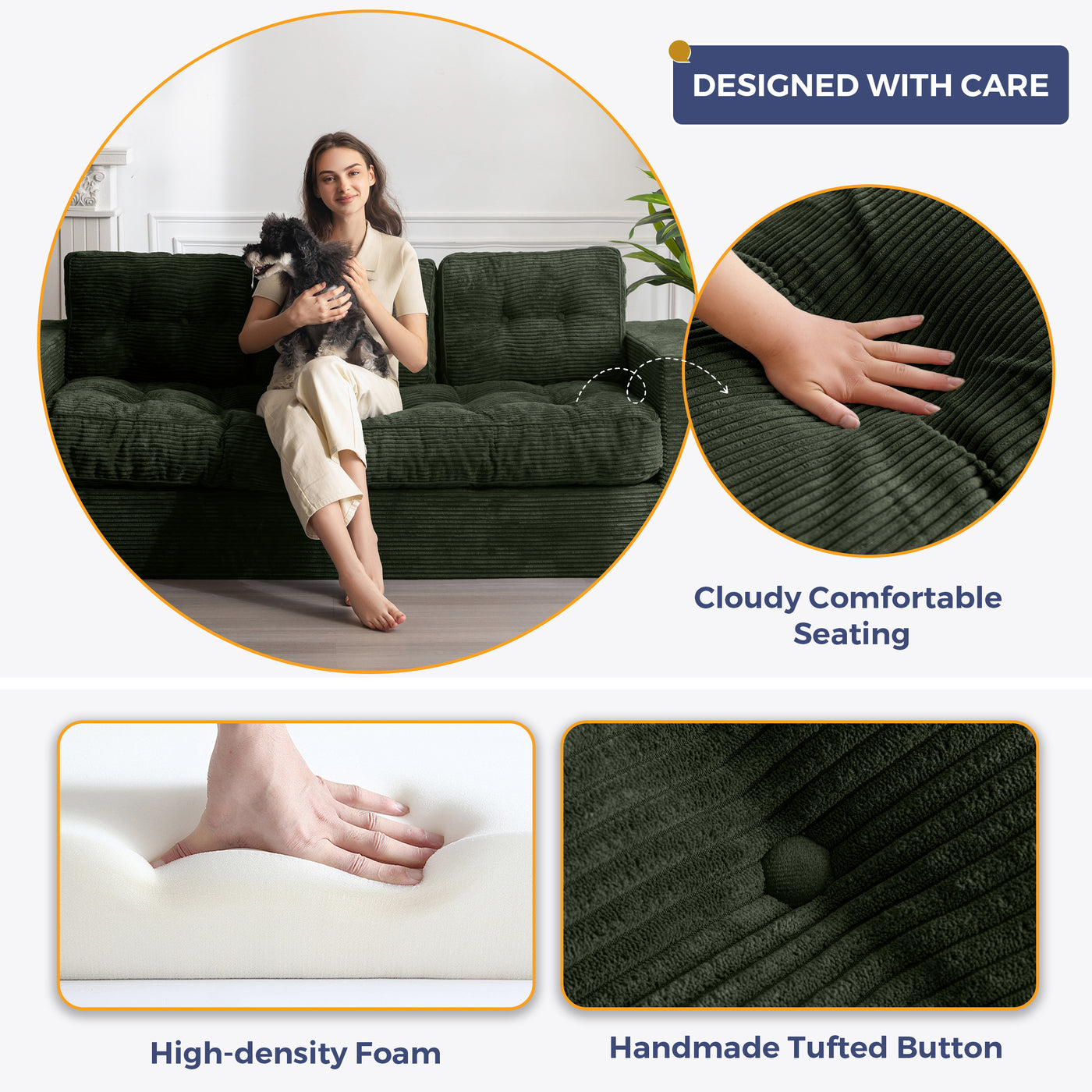 MAXYOYO 3 Seater Couch for Living Room, Boneless Couch with Tufted Cushion & Backrest, Upholstered Floor Sofa with Armrests, Sofa in A Box, No Assembly Required