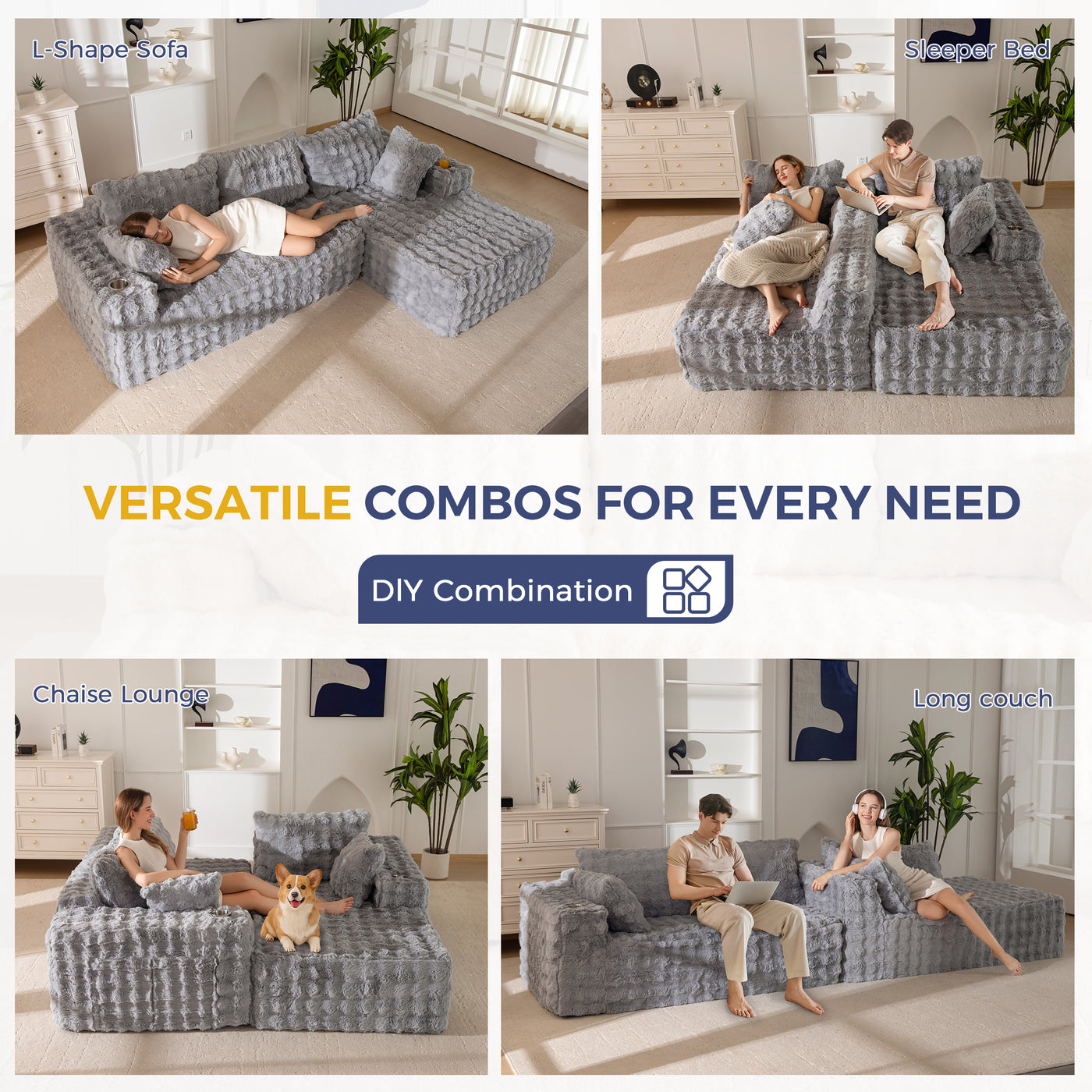 MAXYOYO 104" Modular Sectional Couch with L-Shape Chaise, Modern Boneless Couch for Living Room, Sofa in A Box, Oversized Sofa Sleeper with Deep Seat, No Assembly Required, Grey
