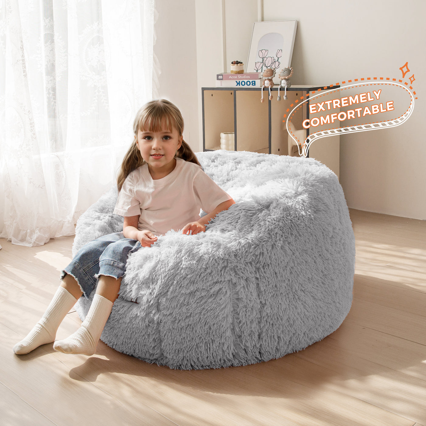 MAXYOYO Kids Bean Bag Chair, Stuffed Faux Fur Bean Bag for Toddler, Ultra Soft Floor Sofa with High-Density Foam Filling, Lazy Chair for Living Room, Playroom, Nursery Room,Grey