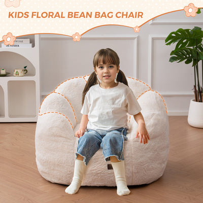 MAXYOYO Kids Bean Bag Chair, Floral Shaped Bean Bag Sofa, Plush Faux Fur Toddler Couch with Petal Backrest for Boys Girls, Stuffed Cozy Sofa for Nursery, Bedroom, Beige