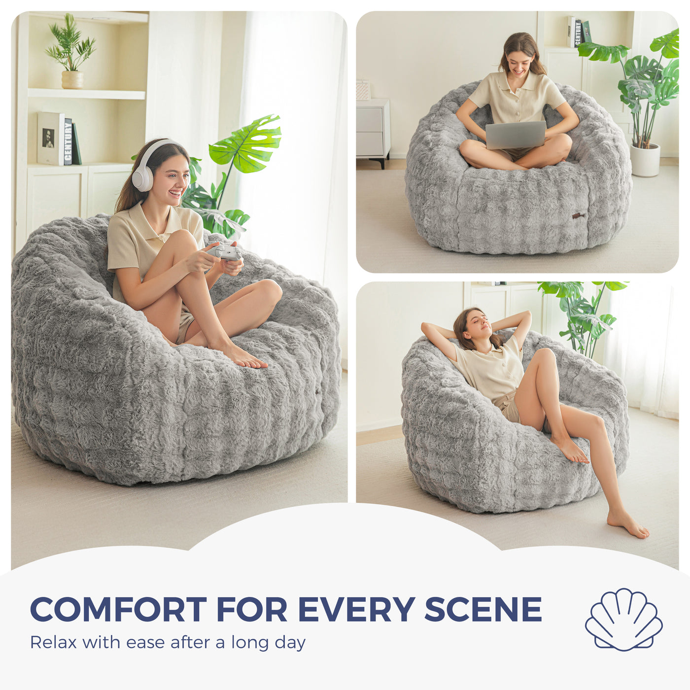 MAXYOYO Giant Bean Bag Chair for Adults, Stuffed Shell-Shaped Large Bean Bag Couch, Cozy Living Room Chair with Filler, Floor Sofa Lazy Sofa for Bedroom Living Room