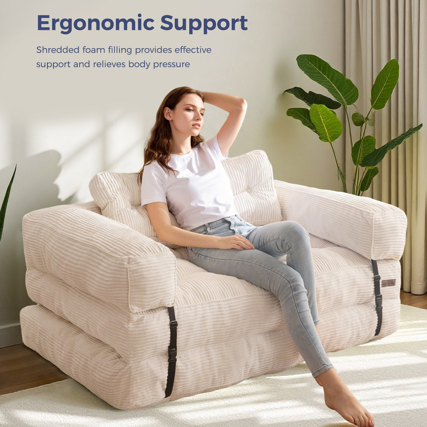 MAXYOYO Folding Sofa Bed, L-Shaped Two-Seat Convertible Sofa Bed with Armrest, Beige