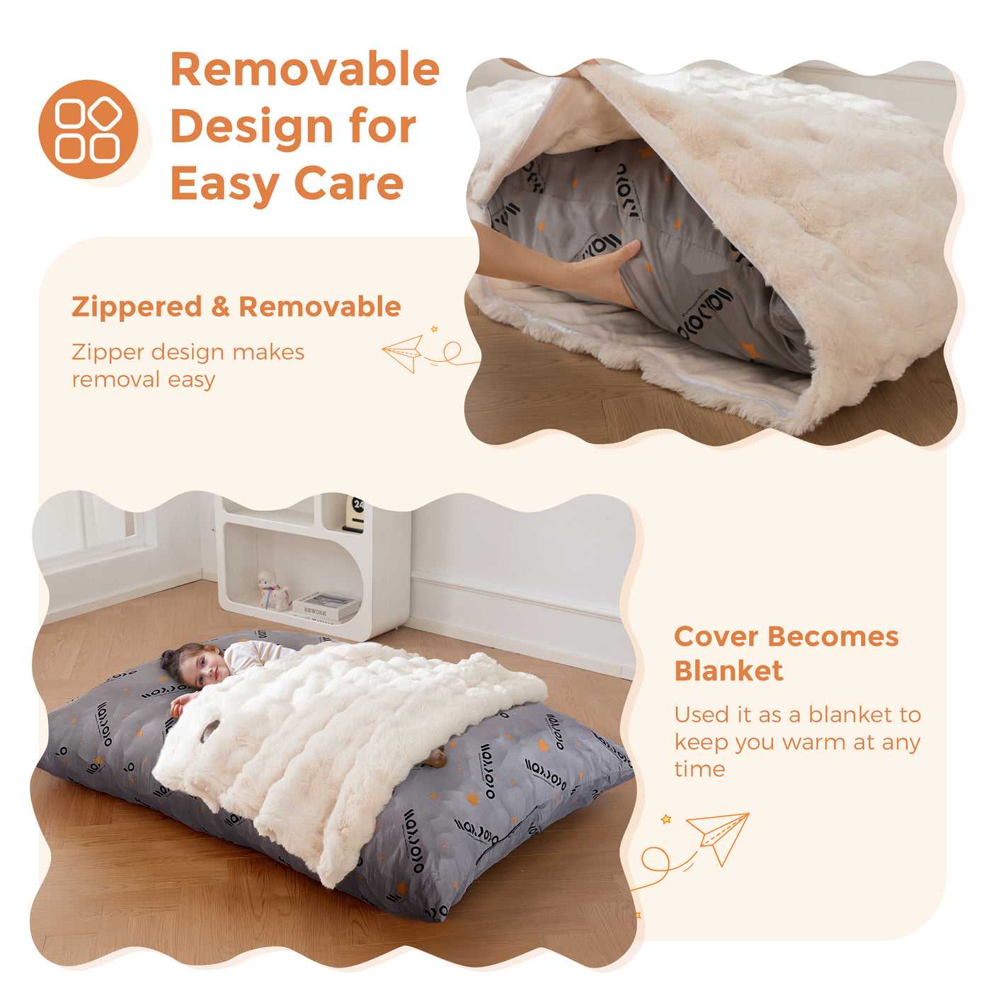 MAXYOYO 3 in 1 Kids Bean Bag Chair Bed, Child Floor Sofa for Gaming, Reading, Faux Fur Floor Mattress with High-Density Foam Filling for Living Room Bedroom